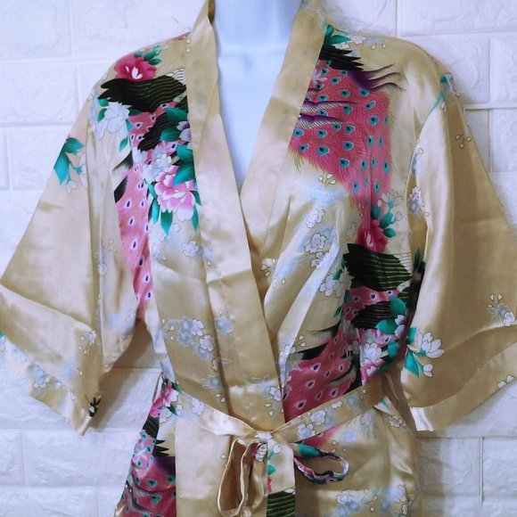 Peacocks Kimono Robe Dressing Gown -L Tie-Belts Poly-Satin Champagne Pink Flaw - Picture 2 of 10